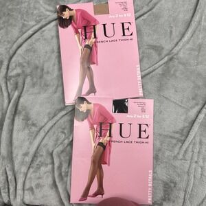 2 New HUE Womens French Lace Thigh High Stockings Very Size 1 Natural  & Black